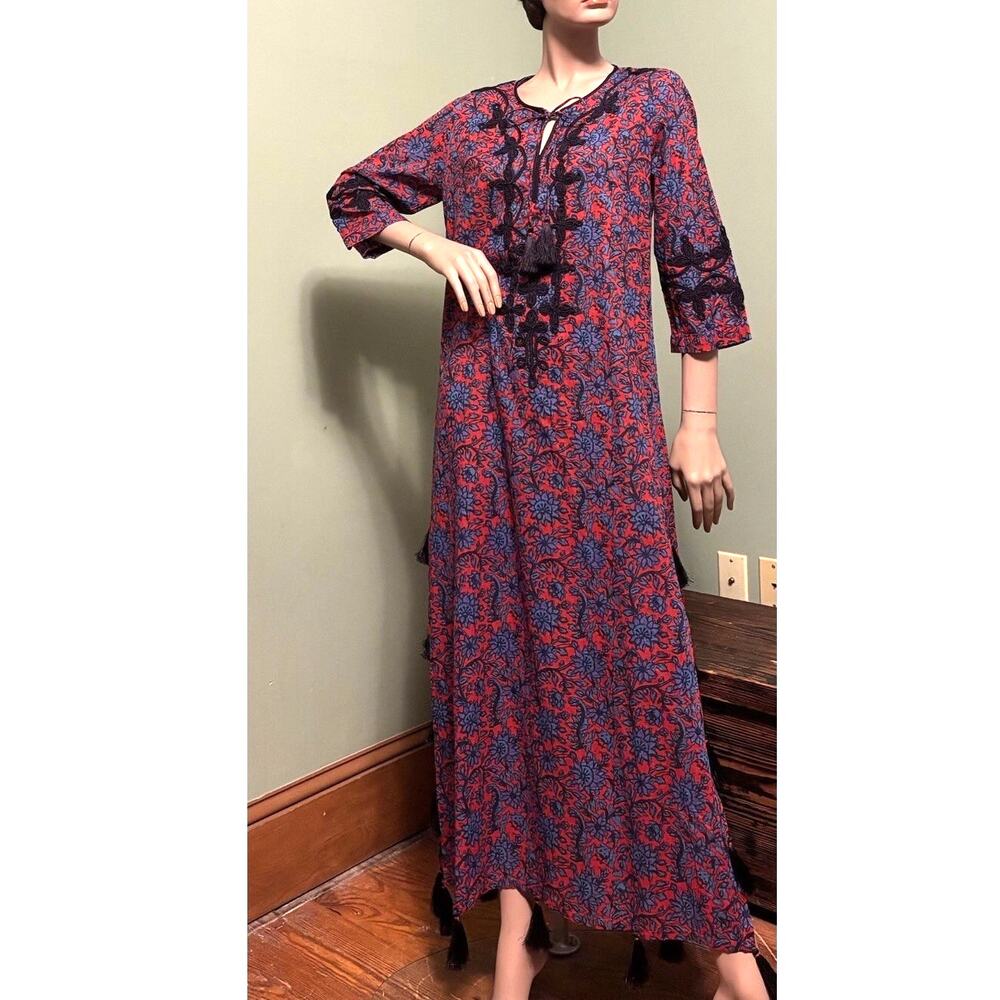 ROLLER RABBIT Red/Blue Floral Kurta Maxi KAFTAN/DRESS w/Tassels/Soutache Braid